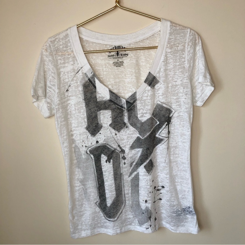 ACDC Rockware Ant Hill Trading White Burnout Soft Cotton V-neck T-Shirt M